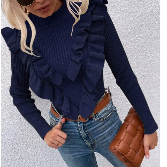 Navy Blue Ruffle Detail Fitted Knit Sweater Top - Picture 1 of 7